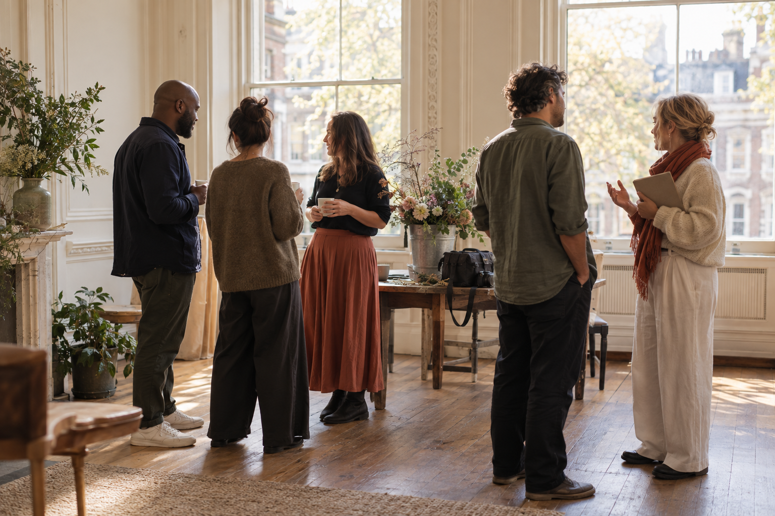 Event suppliers chatting over coffee at a morning meet-up in a bright London room